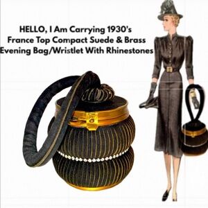 1930’s France Top Compact Suede & Brass Evening Bag/Wristlet With Rhinestones